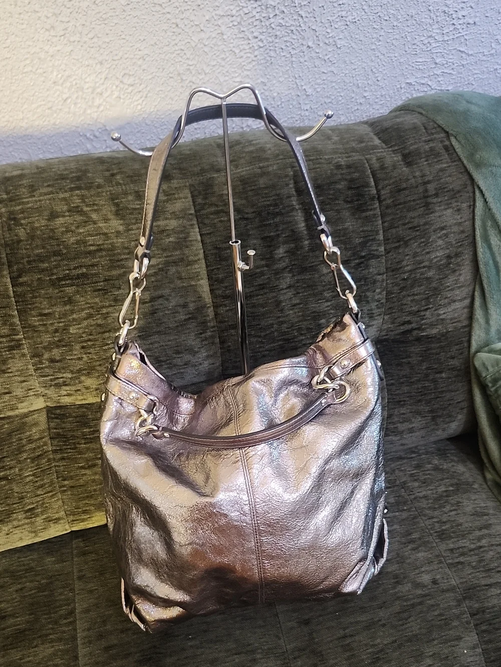 Coach Metallic Pewter Leather Tote - Silver/Brown Tone